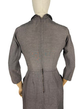 Load image into Gallery viewer, Original 1950's Grey Wiggle Dress with Black Accent Collar and Bow Trim at the Neck - Bust 34