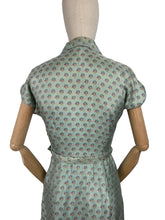 Load image into Gallery viewer, Original 1950's St Michael Sage Green Artificial Silk Belted Day Dress with Pretty Floral Print in Pink, Yellow and White - Bust 34 36 *