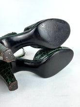 Load image into Gallery viewer, Original 1940's Dark Green Crocodile Skin Platform Peep-toe Shoes with Ankle Straps - UK 4.5 5 *
