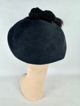 Load image into Gallery viewer, Original 1950's Inky Black Felt Hat with Feather and Pom-pom Trim