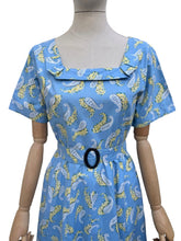 Load image into Gallery viewer, Original Late 1940's or Early 1950's Blue Cotton Belted Day Dress with Yellow and White Paisley Print - Bust 40