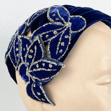 Load image into Gallery viewer, Exceptionally Beautiful Original 1950's Cobalt Blue Velvet Cocktail Hat with Silver Glitter Edged Flowers *