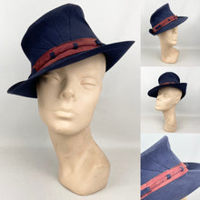 Load image into Gallery viewer, Original 1930’s 1940’s Blue Felt Tilt Fedora Hat with Pretty Rust Suede Trim *