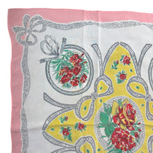 Load image into Gallery viewer, Charming Original 1940's or 1950's Silk Crepe Scarf in Pink, White, Red, Yellow and Green with Flowers and Bow Print - Great Headscarf