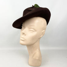 Load image into Gallery viewer, Original 1930's 1940's Dark Brown Felt Fedora Hat with Grosgrain Trim in Green and Brown with Fine Net