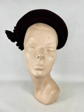 Load image into Gallery viewer, Original 1940's Dark Brown Felt Half Bonnet Hat with Felt Flower Trim by Alden House