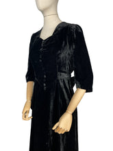 Load image into Gallery viewer, Original 1930’s Black Cotton Velvet Full Length Evening Dress with Bow Tie Belt - Bust 34 *