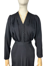 Load image into Gallery viewer, Original 1930's Volup Black Crepe Belted Day Dress with Ruffle Trim - Bust 42 44