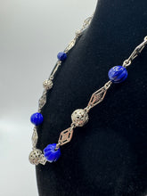 Load image into Gallery viewer, Original 1930's Art Deco Filigree and Blue Glass Beaded Necklace