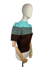 Load image into Gallery viewer, Reproduction 1940's Striped Jumper in Carob Brown and Turquoise Blue Pure Wool with Full Puff Sleeves - Bust 36 38