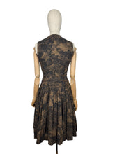 Load image into Gallery viewer, Original 1950's Petite Fit Black and Brown Floral Print Sleeveless Day Dress - Bust 32 34 *