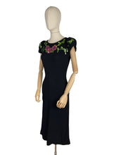 Load image into Gallery viewer, Original 1940's Ellen Kaye Original Black Crepe Cocktail Dress with Floral Sequin Detail in Pink and Green - Bust 32 34