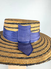 Load image into Gallery viewer, Original 1930's 1940's Blue Stripe Straw Hat with Floral Trim - Perfect Summer Hat *