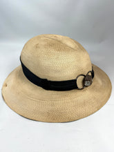 Load image into Gallery viewer, Original 1930's French Made Silk Lined Natural Straw Hat with Black Grosgrain and Metal Trim