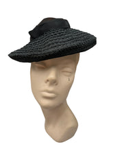 Load image into Gallery viewer, Original 1940's Black Straw Hat with Net Ruffle Trim and Grosgrain Band