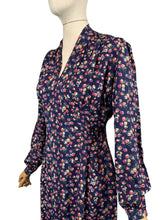 Load image into Gallery viewer, Original 1940's Navy Blue Crepe Long Sleeved Day Dress with Floral Print in Pink and Purple