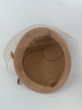 Load image into Gallery viewer, Original 1950's Light Brown Felt Hat with Half Face Net and Fluffy Feather Trim *