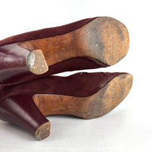 Load image into Gallery viewer, Original 1940's Burgundy Suede Court Shoes with Bow Trim and Punch Detail by Lotus - UK 6 6.5