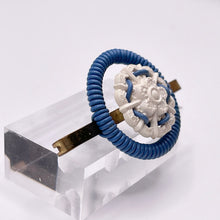 Load image into Gallery viewer, Original 1940's Blue and White Wartime Make Do and Mend Wirework Brooch with Flower Button Middle
