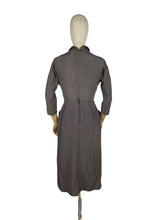 Load image into Gallery viewer, Original 1950's Grey Wiggle Dress with Black Accent Collar and Bow Trim at the Neck - Bust 34