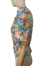 Load image into Gallery viewer, 1940's Reproduction Novelty Print Blouse with Skeins of Wool in Orange, Blue and Green on a Brown and White Base Made From an Original 1940's Feed Sack - Bust 32 34