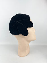 Load image into Gallery viewer, Original 1920's 1930's Black Cotton Velvet Close Fitting Hat with Leaf Trim *