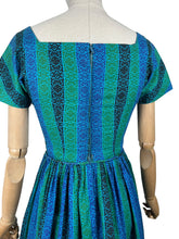 Load image into Gallery viewer, Original 1950's Teena Paige Black, Blue and Green Stripe Cotton Day Dress with Velvet Bow Trim - Bust 34 *