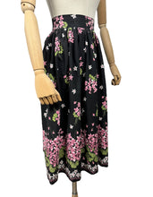 Load image into Gallery viewer, Original 1950's Floral Border Print Skirt in Black, Pink, White and Green Featuring Violets - Waist 24" *