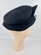 Load image into Gallery viewer, Original 1940's Inky Black Felt New York Creations Hat with Metal Trim and Bow Detail