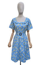 Load image into Gallery viewer, Original Late 1940's or Early 1950's Blue Cotton Belted Day Dress with Yellow and White Paisley Print - Bust 40