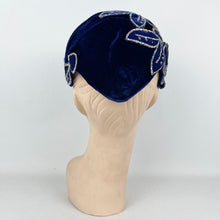 Load image into Gallery viewer, Exceptionally Beautiful Original 1950's Cobalt Blue Velvet Cocktail Hat with Silver Glitter Edged Flowers *