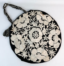 Load image into Gallery viewer, Original 1920's Black Cotton and Ivory Silk Embroidered Circular Bag *