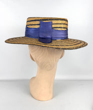 Load image into Gallery viewer, Original 1930's 1940's Blue Stripe Straw Hat with Floral Trim - Perfect Summer Hat *