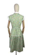 Load image into Gallery viewer, Original Late 1940's or Early 1950's Green Cotton Belted Day Dress with Leaf Print in Black, White, Red and Blue - Bust 34 *
