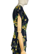 Load image into Gallery viewer, Original 1940's Navy Day Dress with Double Peplum and Floral Print in Green and Yellow - Bust 34 35