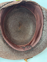 Load image into Gallery viewer, Original 1920's Brown Lacquered Straw Cloche with Upturned Brim and Cherry Trim *