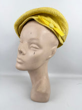 Load image into Gallery viewer, Original 1950's 1960's Bright Yellow Textured Fabric Hat with Button and Grosgrain Trim by Finley New York