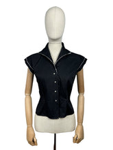 Load image into Gallery viewer, Original 1940's 1950's Black Short Sleeved Blouse with White Ric-rac Trim and Faux Pearl Buttons - Bust 34 36 *