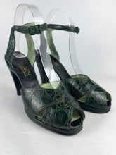 Load image into Gallery viewer, Original 1940's Dark Green Crocodile Skin Platform Peep-toe Shoes with Ankle Straps - UK 4.5 5 *