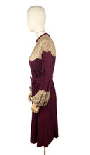 Load image into Gallery viewer, Absolutely Stunning Original 1930's Burgundy Chenille Dress With Bow Belt, Pointed Lace Yoke and Full Sleeves - Bust 34 35