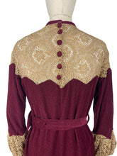 Load image into Gallery viewer, Absolutely Stunning Original 1930's Burgundy Chenille Dress With Bow Belt, Pointed Lace Yoke and Full Sleeves - Bust 34 35
