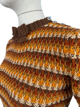 Load image into Gallery viewer, Reproduction 1940's Waffle Stripe Jumper with Bow Neck in Autumnal Shades of Brown and Rust with Cream Accent - Knitted from a Wartime Pattern - Bust 34 36