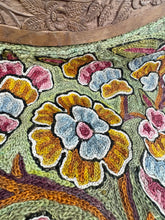 Load image into Gallery viewer, Original 1920’s Crewel Work Bag with Flowers in Green, Rust, Pink and Blue with Carved Wooden Handles