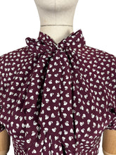 Load image into Gallery viewer, Original 1940's Pure Silk Novelty Print Swan Blouse in Burgundy and White with Bow Tie at Neck - Bust 34