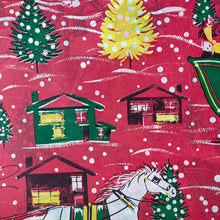 Load image into Gallery viewer, Original Vintage Colourful Christmas Wrapping Paper - Red Base with a Wintry Scene of Horse and Carriage with Houses and Trees