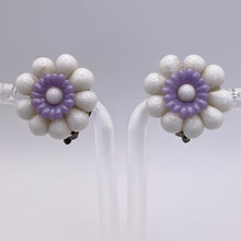 Load image into Gallery viewer, Original 1950's White and Purple Glass Flower Clip on Earrings