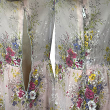 Load image into Gallery viewer, Original 1950's Pretty Pale Pink Nylon Dress with Floral Print in Blue, Yellow and White - Bust 36 37