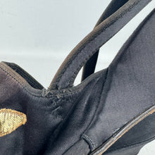 Load image into Gallery viewer, Wounded but Wearable Original 1940's Black Satin Evening Wedge Shoes with Gold Floral Applique Trim - Size 5 5.5