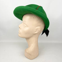 Load image into Gallery viewer, Original 1930's 1940's Vibrant Green Felt Fedora Hat with Black Grosgrain Trim and Rust and Green Hat Pin