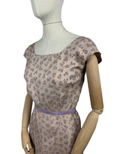 Load image into Gallery viewer, Original 1950's Pure Silk Squirrel Novelty Print Belted Wiggle Dress in Taupe and Purple - Bust 36